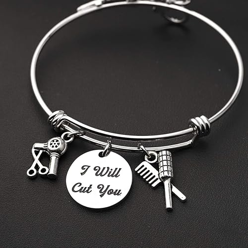 Miniatura 4 de HOLLP Pulsera extensible para peluquería para estilista de peluquería, regalo con texto en inglés "I Will Cut You", joyería de peluquería con peine