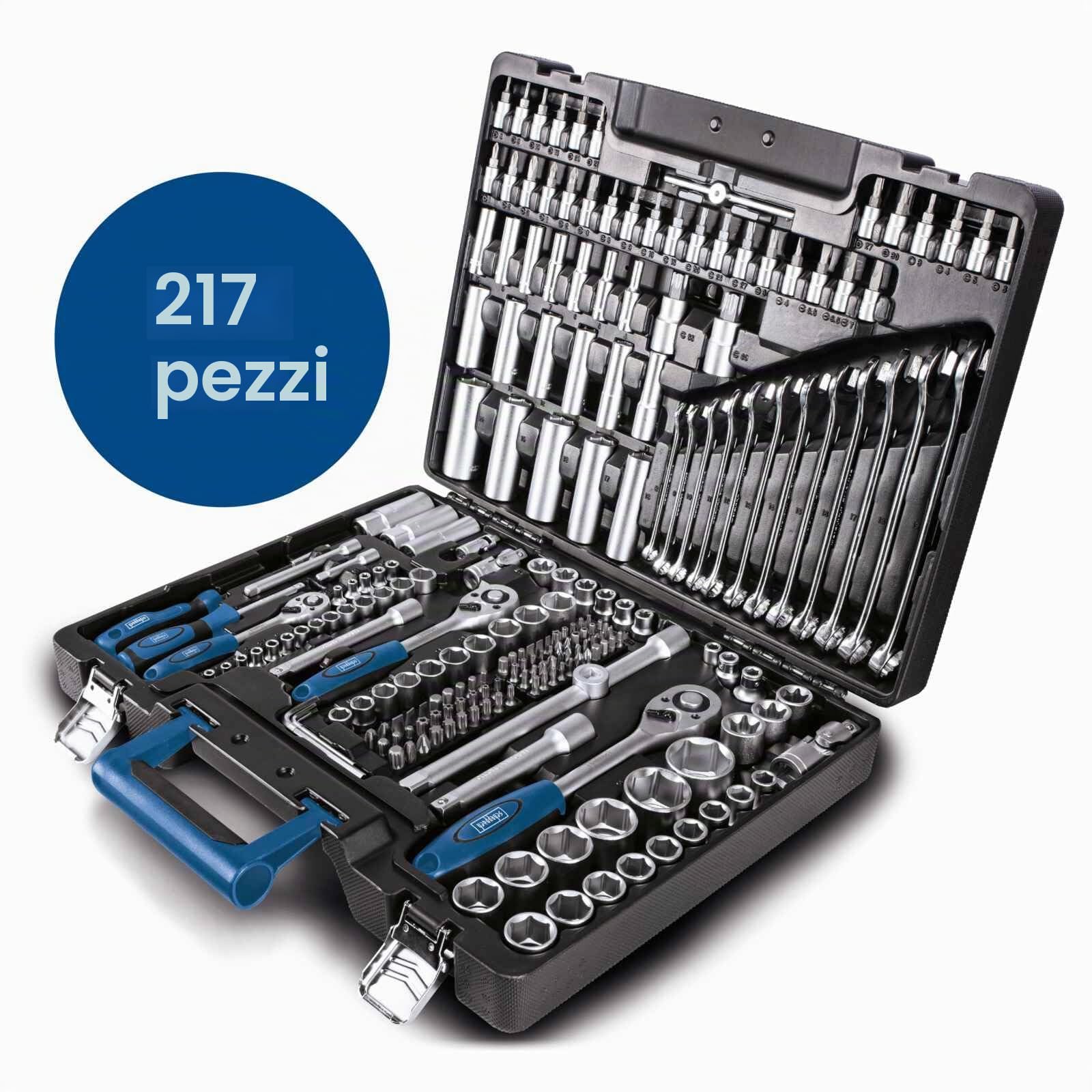 Scheppach TB217 Cassetta degli attrezzi riempita | Set di attrezzi da 217 pezzi | Cassetta degli attrezzi con chiave a bussola, punte, cricchetti, chiavi a forchetta e marce, set di chiavi a bussola