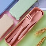 Travel Utensil Set with Case, 4 Sets Wheat Straw Portable Spoon Knife Forks Tableware, Reusable Cutlery Set for Travel Picnic Camping or Daily Use