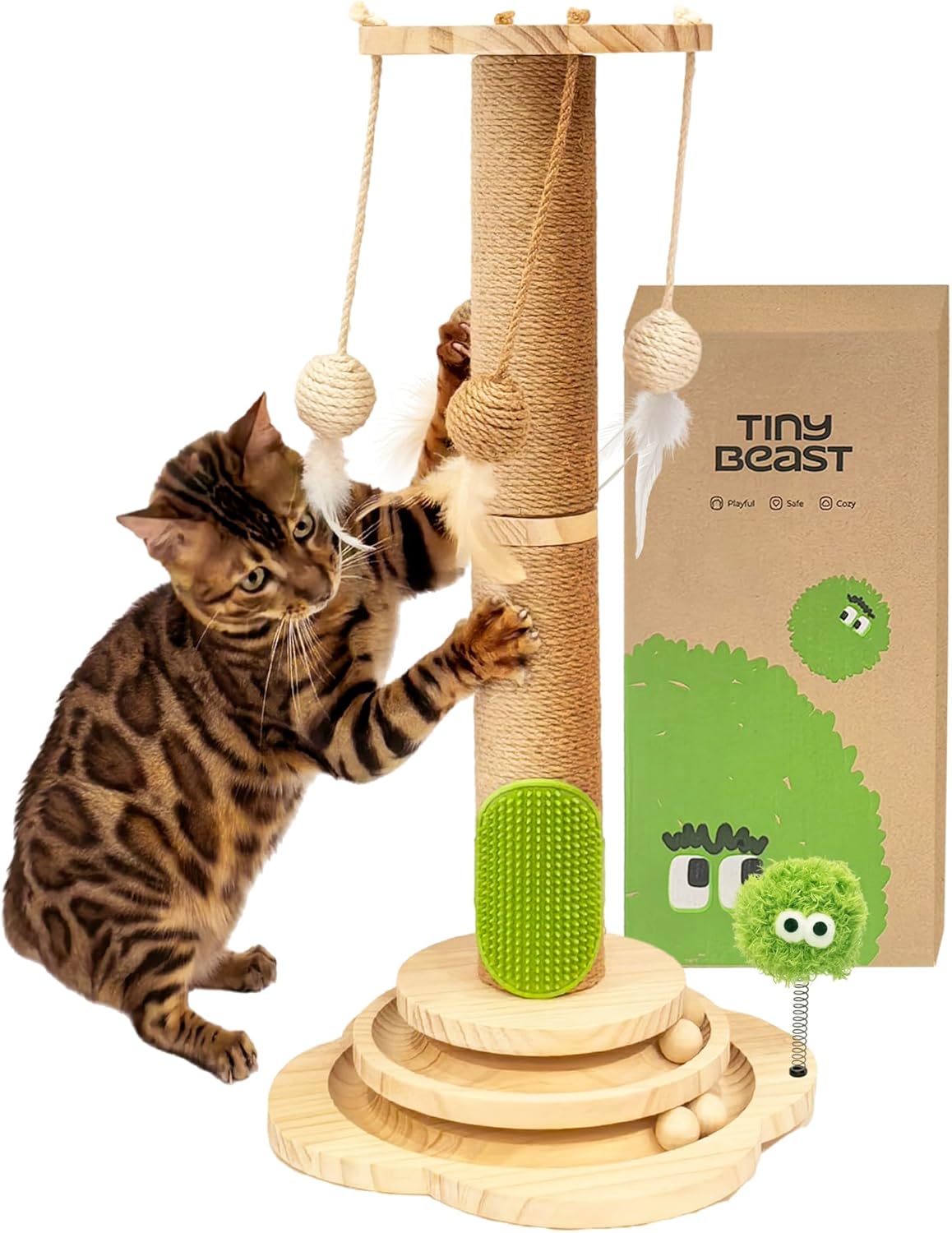 TINYBEAST Wooden Cat Scratching Post, 4 in 1 Cat Scratcher Toy with Cat Ball Tracks, 25" Tall Sisal Scratch Post for Indoor Kittens Adult Cats, Interactive Feather Toy and 4 Sisal Hanging Balls