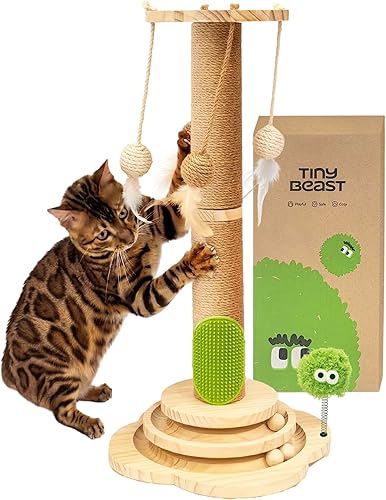 TINYBEAST Poste rascador de madera para gatos, juguete rascador 4 en 1 con pistas de bolas para gatos, poste rascador de sisal de 25 pulgadas de