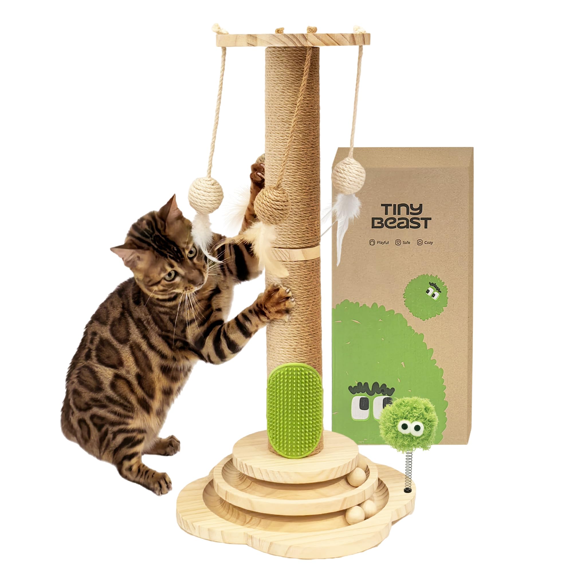 TINYBEAST Kratzbaum aus Holz, 4 in 1 Katzenkratzspielzeug mit Katzenballschienen, 63 cm hoher Sisal-Kratzbaum für Indoor-Kätzchen, erwachsene Katzen, interaktives Federspielzeug und 4 Sisal-Bälle zum