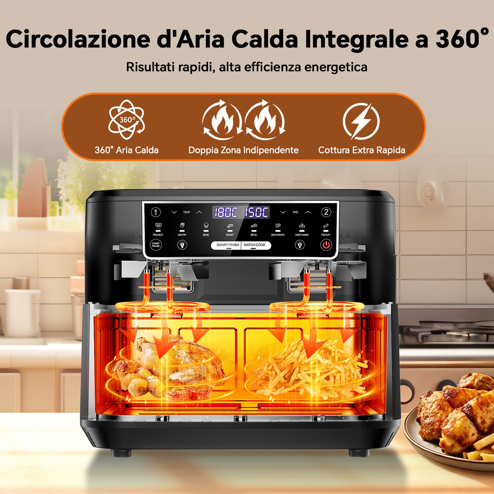 Friggitrice ad Aria 12L XXL con Tecnologia Dual Zone 2-in-1, Air Fryer 2600W con Finestra Visiva & Luce Interna, Smart Finish & Match Cook, 8 Programmi, Divisore & Ricettario Inclusi, Nero