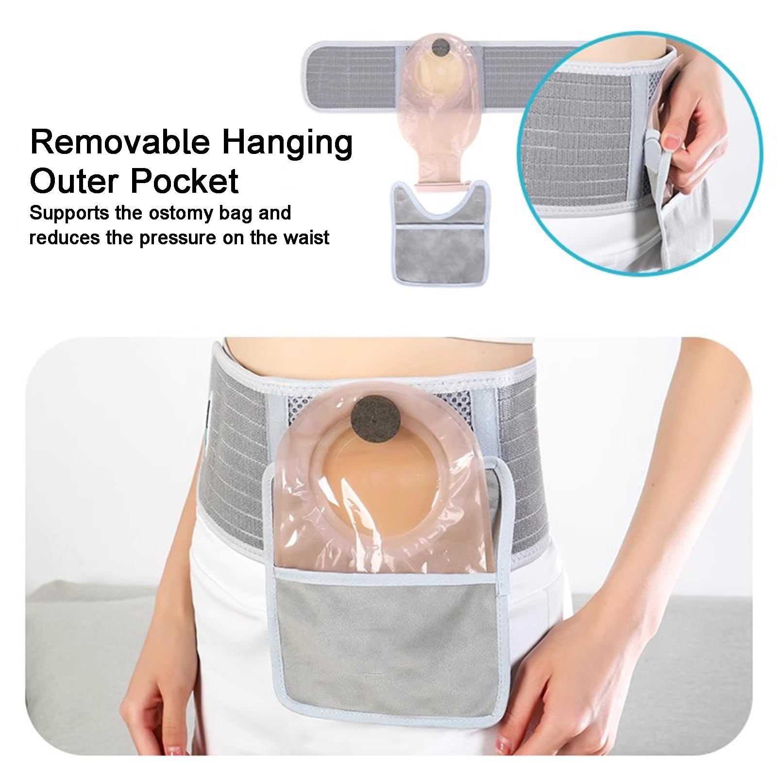 Fascia Addominale Post Operatoria, Cintura Stoma, con Tasca Esterna Rimovibile e Rivestimento Protettivo, Lunghezza Regolabile, per la Cura di Colostomie e Ileostomie(M)