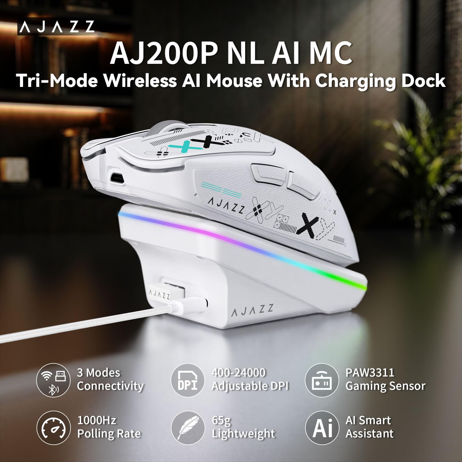 A.JAZZ AJ200P Ratón Gaming Inalámbrico con IA Prompt y Base de Carga RGB | BT/2,4G/Cable, Ligero Ratón con Entrada de Voz IA, Sensor PAW3311, 24K DPI, 1000Hz para Oficina/Juego - Cinta Grip / Blanco