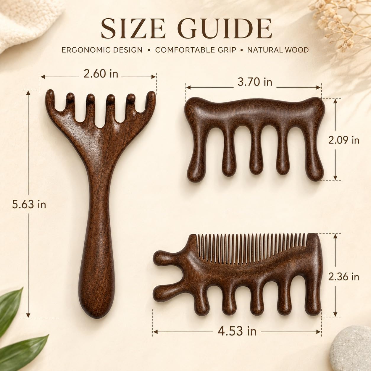 3 Pcs Wooden Scalp Massager, Natural Wood Head Massager Scalp Tool for Relaxation, Manual Massage Comb for Stress Relief and Daily Wellness