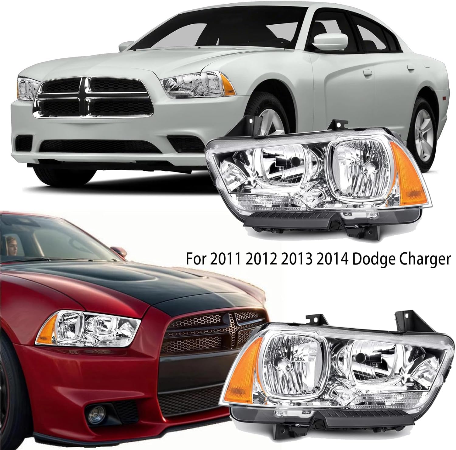 OE Style Headlight Assembly Set For 2011 2012 2013 2014 Dodge Charger R/T SE SRT8 SXT Plus Persuit Sedan Replacement Headlamps Chrome Housing Amber Reflector Driver&Passenger Side CH2503232 CH2502232