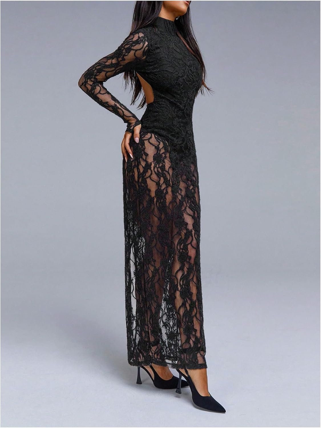 SHENHE Women's Lace Maxi Bodycon Dress Open Back Slit Long Sleeve Sheer Party Dress - Image 4