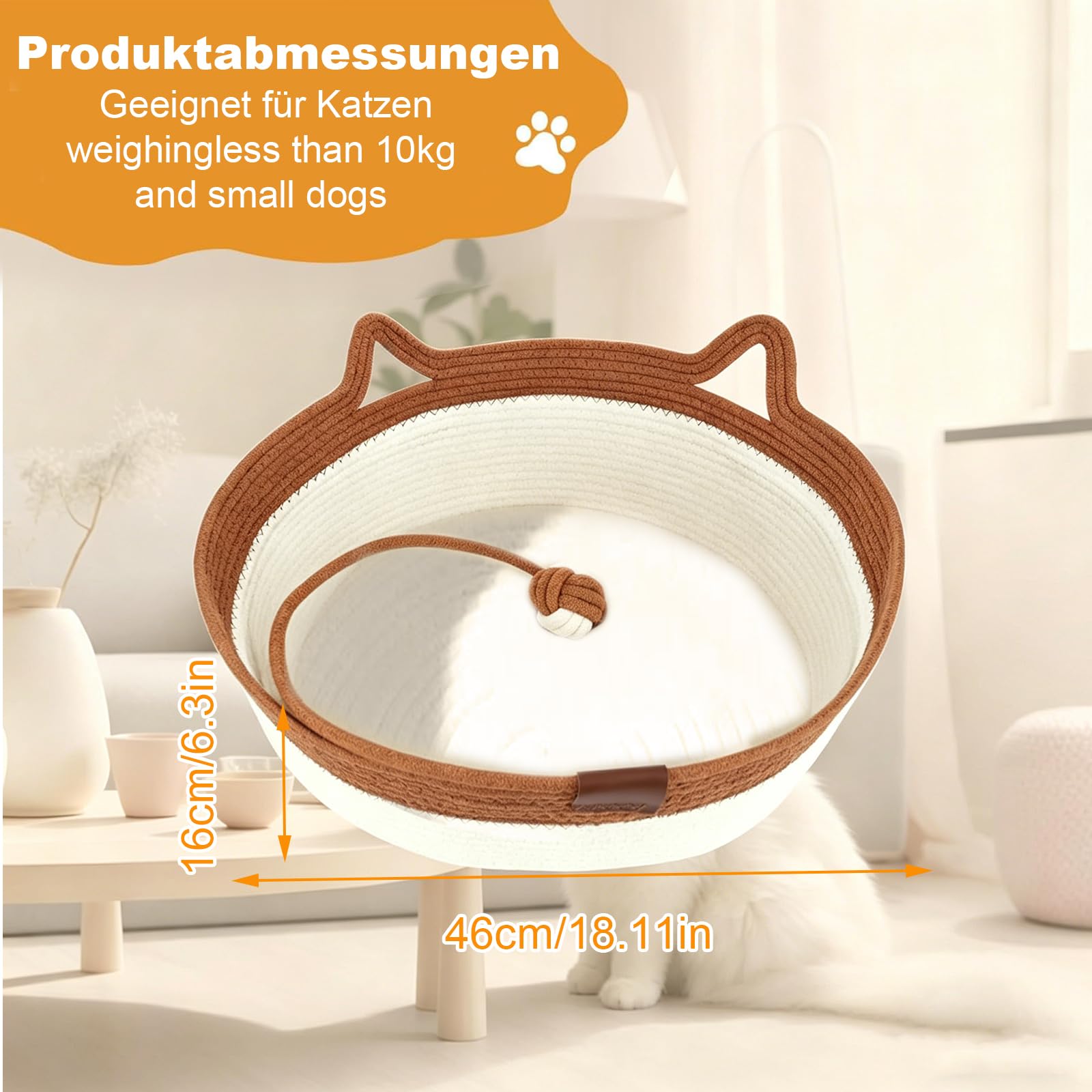 Katzenbett mit Seilball, 46x46x16 cm Rundes Katzenkorb aus Baumwollseilen, Atmungsaktiv Waschbar Drinnen Katzenkörbchen, Katzenhöhle für Alle Katzen und Welpen
