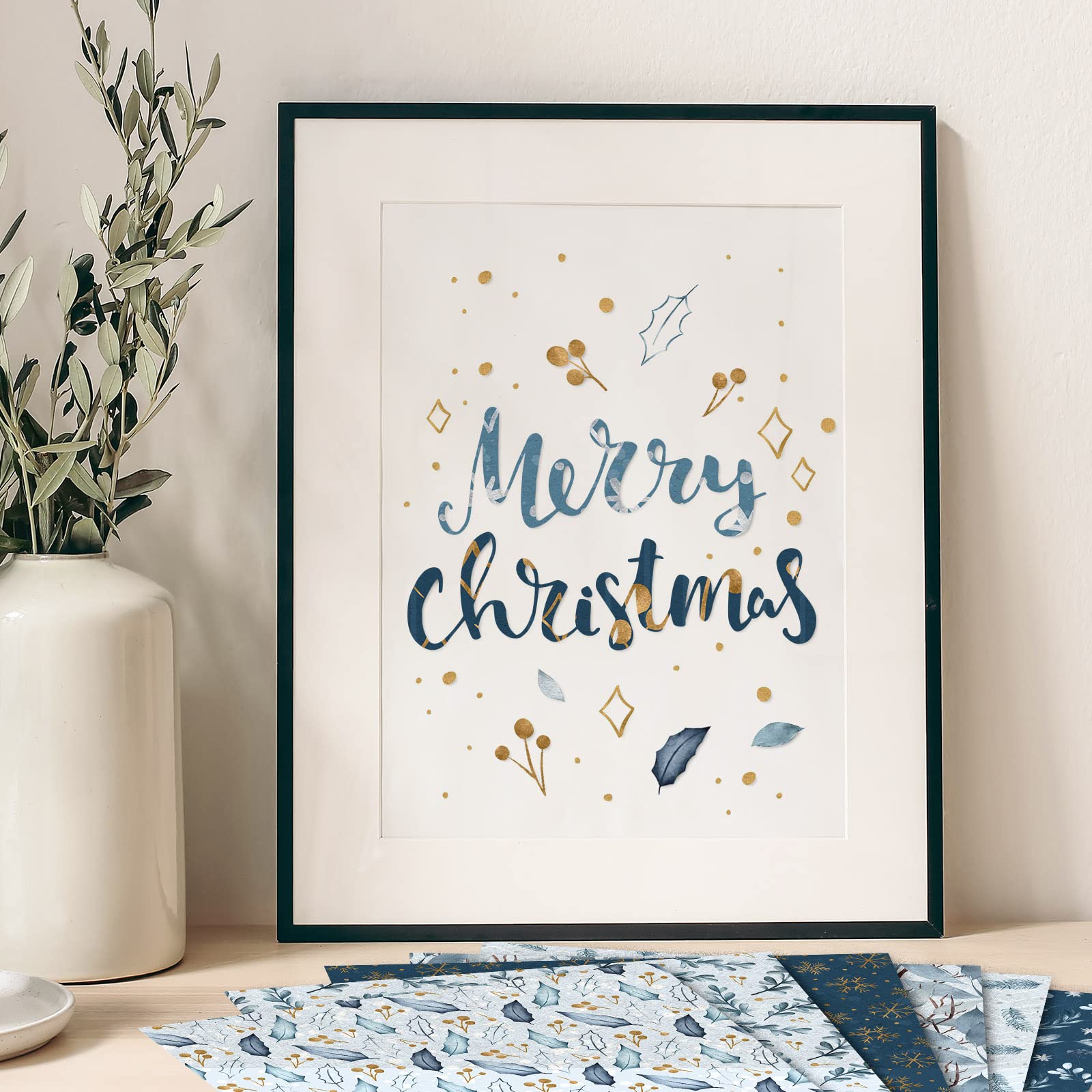 Whaline 24 Stück Weihnachtsmuster Papier 30x30 cm Aquarell Winter Scrapbook Papier doppelseitig weiß blau Schneeflocke Bastelpapier für DIY Kartenherstellung Scrapbook Fotoalbum Dekoration, 12 Designs