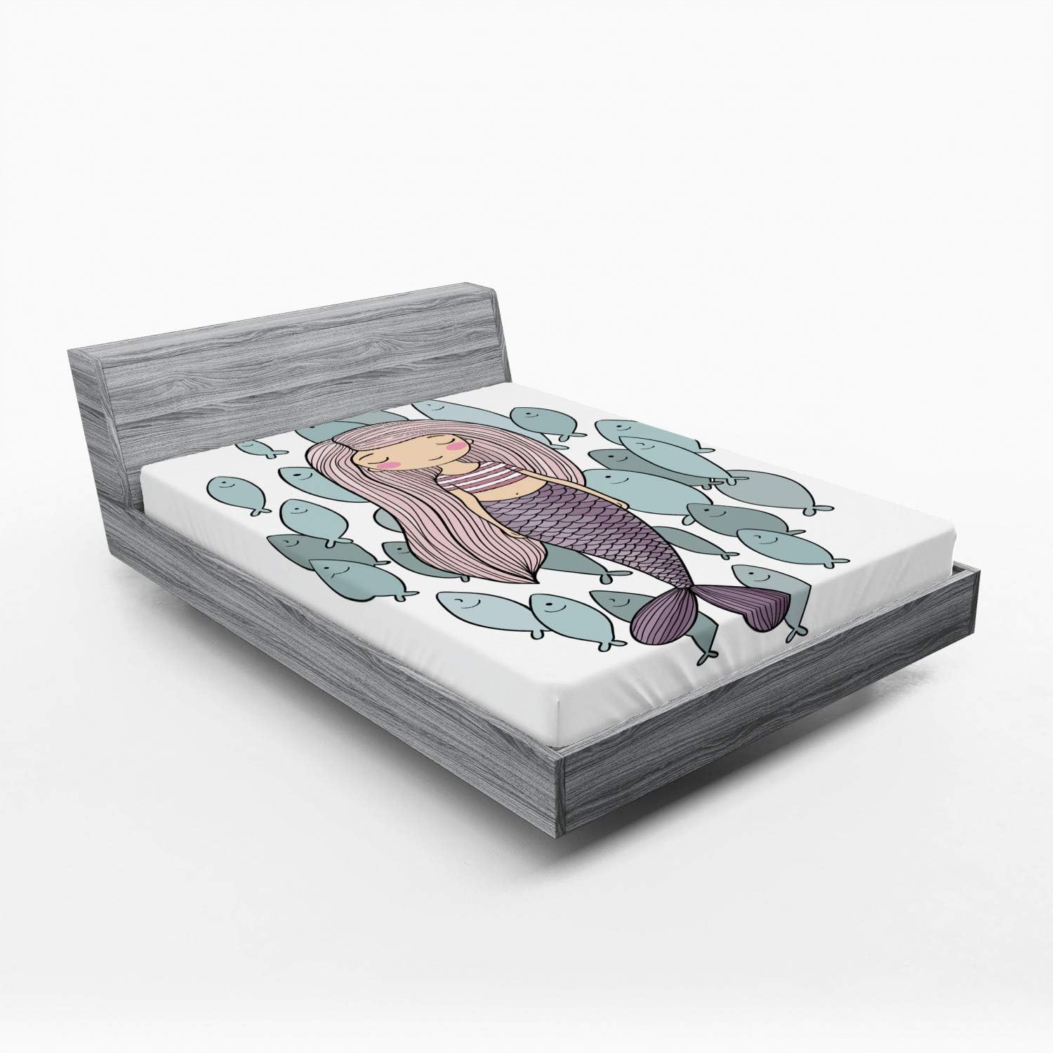 Ambesonne Mermaid 2 Pack Fitted Sheet, Cartoon Girl with Fish, Bed Cover All-Round Elastic Deep Pockets 2 Pieces, Package Contains 2 Full Size Fitted Sheets, Multicolor