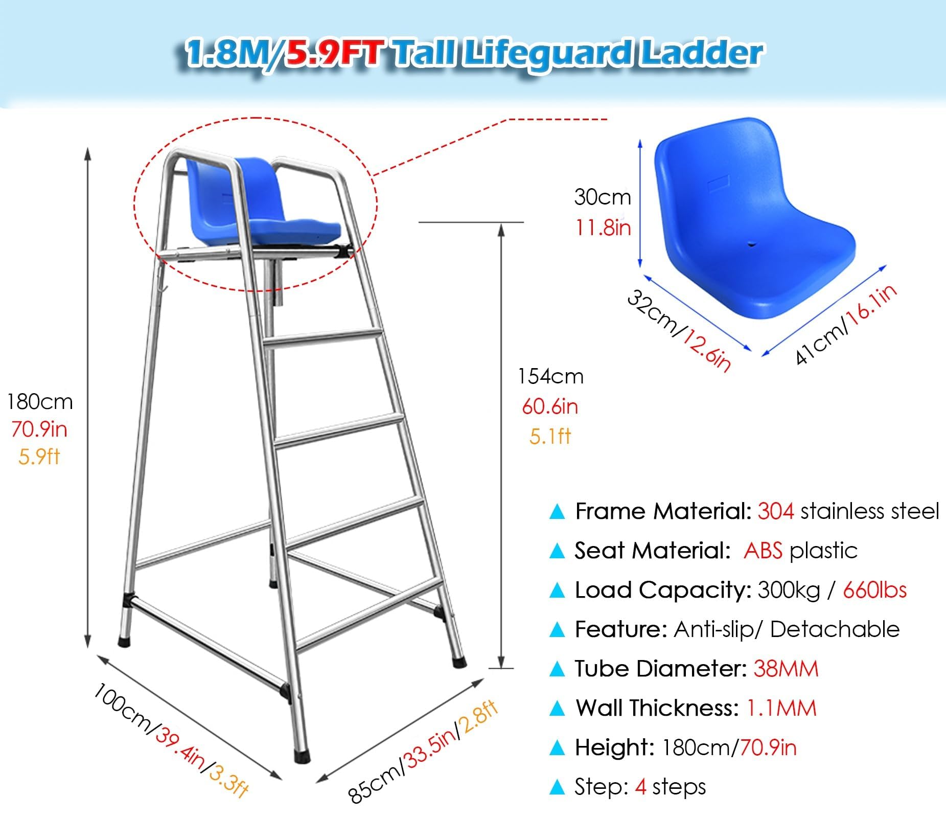 Sedia da Bagnino con scaletta, Torre di osservazione per la Sicurezza in Piscina, Foro per l'ombreggiatura e gradini Antiscivolo.