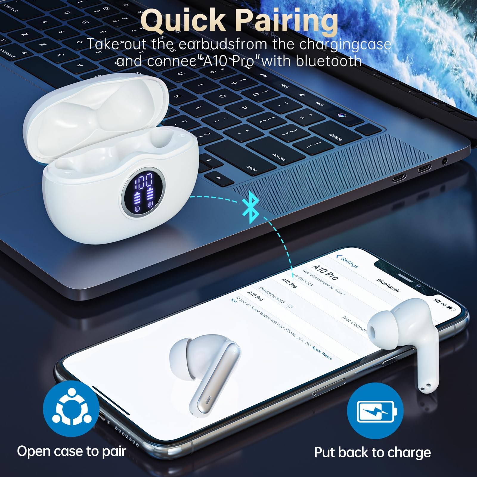 Wireless Earbuds, Bluetooth 5.3 Headphones HiFi Stereo 50H Playback LED Digital Display Ear Buds with ENC Noise Canceling Headset, IPX7 Waterproof Earphones for Gym/Running/Work (White) — view 2
