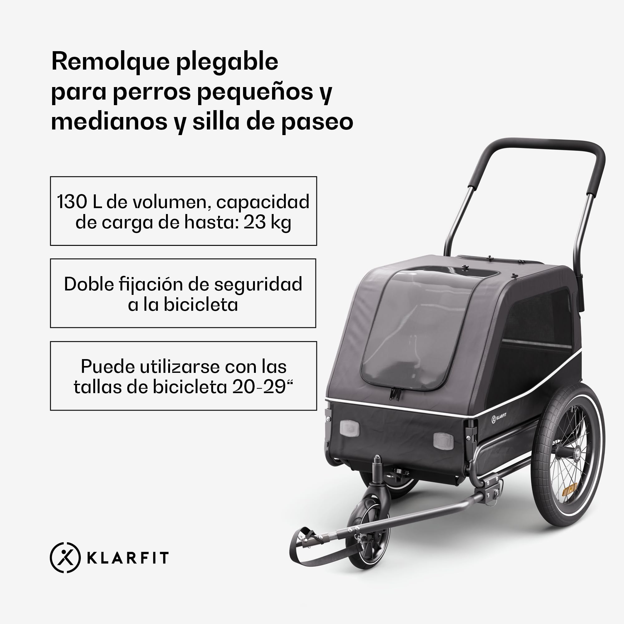 Klarfit Goldie S Remolque Bicicleta Perro, Carro Bici Plegable con Correa Integrada, Poliester Impermeable, Doble Fijación, Reflectores & Cubierta para Lluvia, Carga Máx 45kg, Gris Oscuro