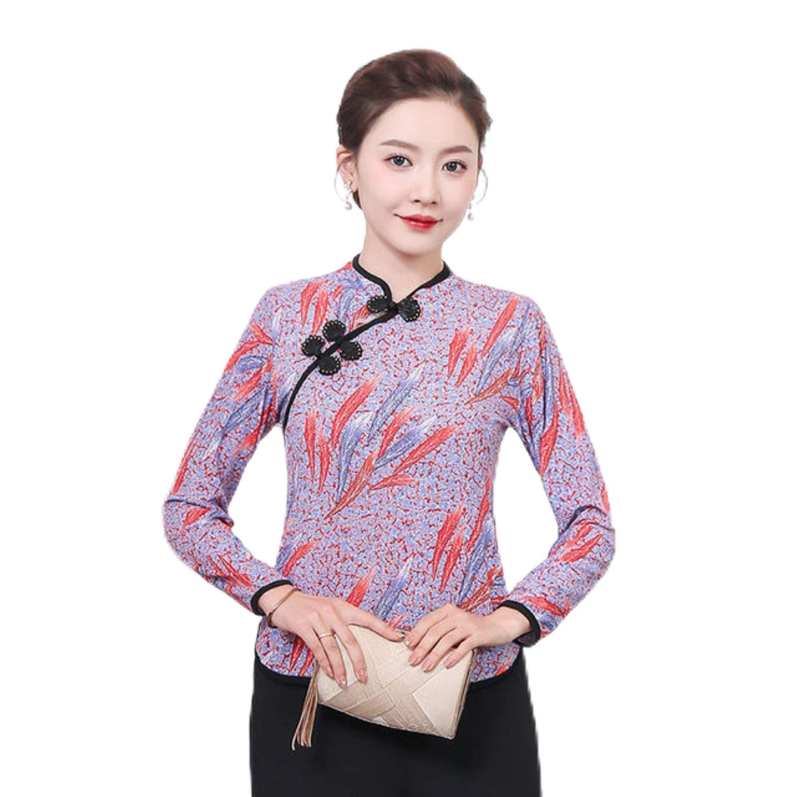 REDBMXREDBMX Spring Autumn T-shirt Bottoming Shirt New Chinese Style Cheongsam Top Plus Size 4XL Old Blouse Female Chinese Collar Shirt Woman