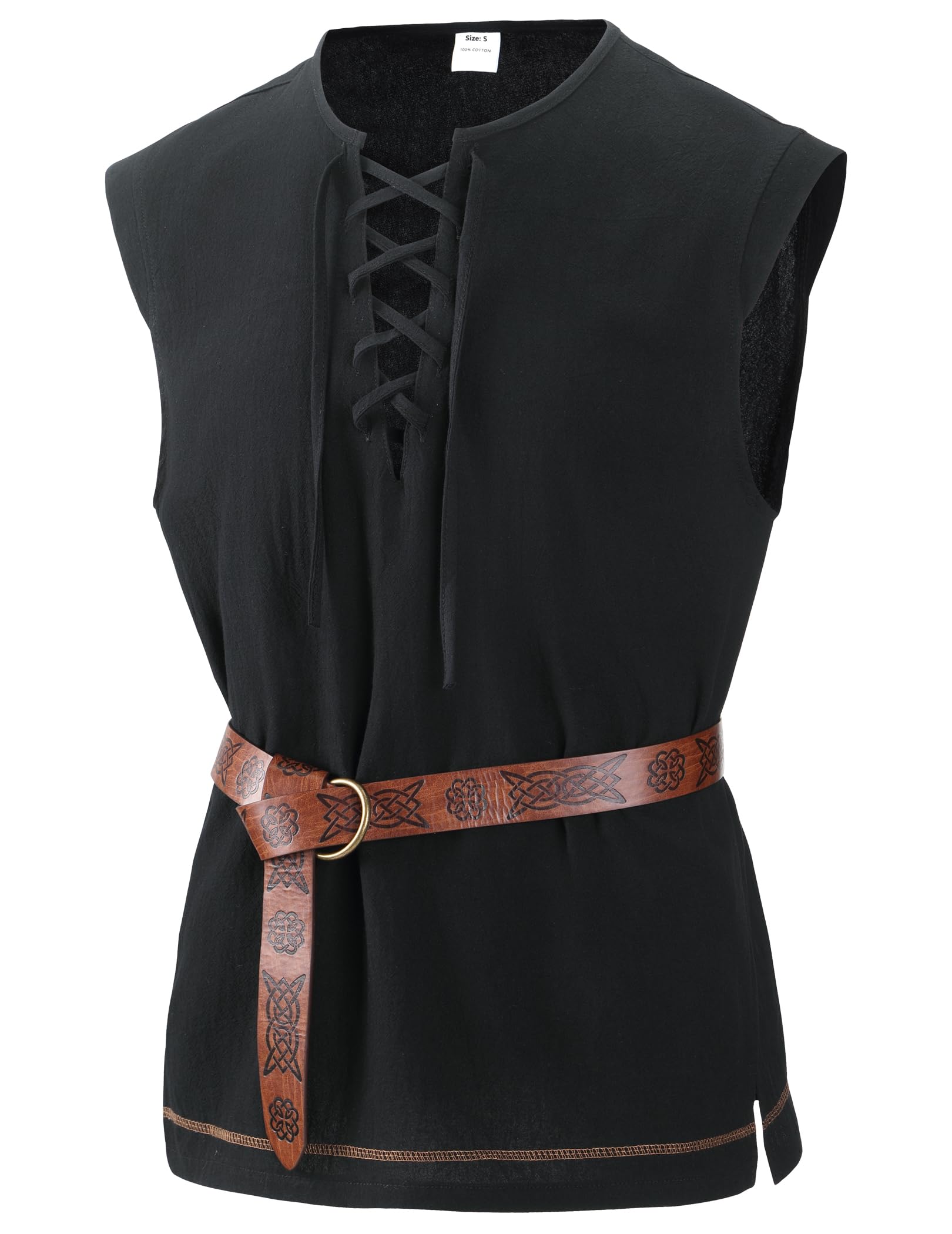 Mens Renaissance Shirts Sleeveless Cotton Lace up Shirts for Pirate Viking Medieval Cosplay Costume Without Belt
