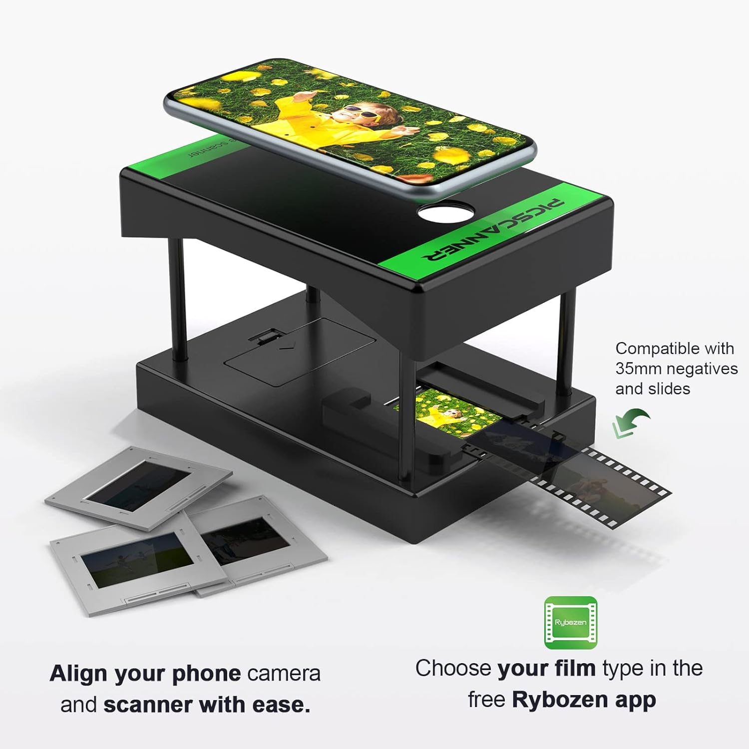 Mobile Film Scanner for 35mm Negatives and Slides, Portable Foldable Film Scanner with LED Light, Convert Black and White and Colour Slides to Digital Photos, Black — view 7