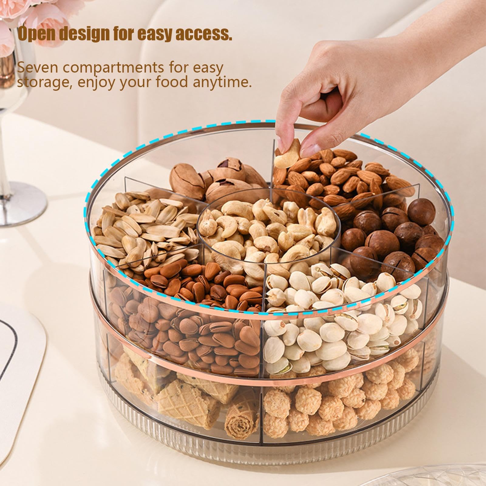 Bandeja de servir con compartimentos y tapa Bandeja de 7 Compartimentos | Bandeja de snacks con asa Para almacenar alimentos, frutos secos, , picnic, bodas, recepciones y