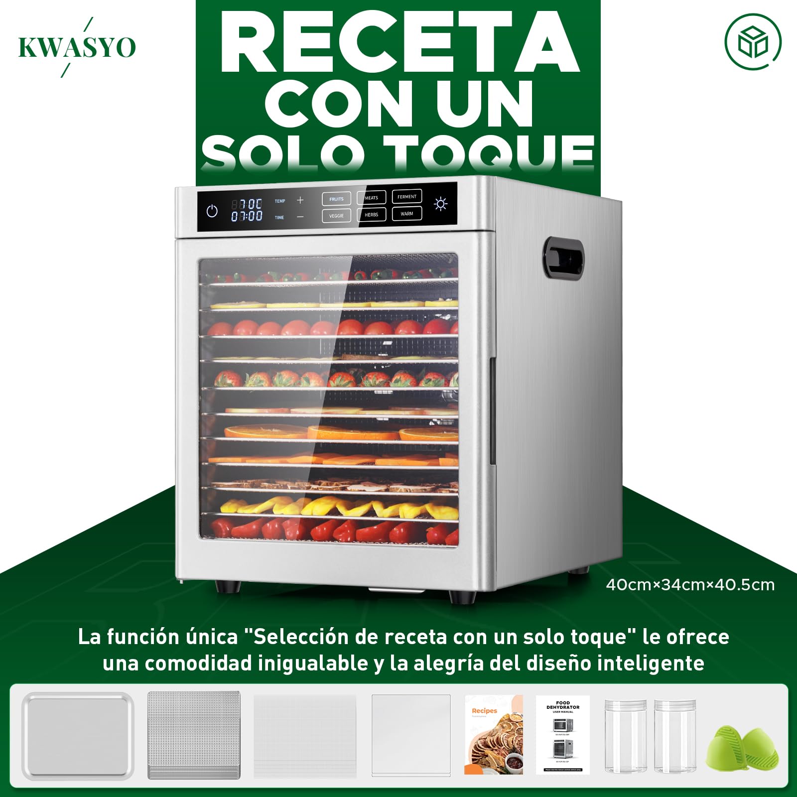 Kwasyo Deshidratador de Alimentos Acero Inoxidable 12 Bandejas, 6 Funciones Preestablecidas, Deshidratador de 800W, 6 Tapetes de Silicona, 2 Tarros, 2 Bandejas para Rollos de Frutas, Receta Incluida