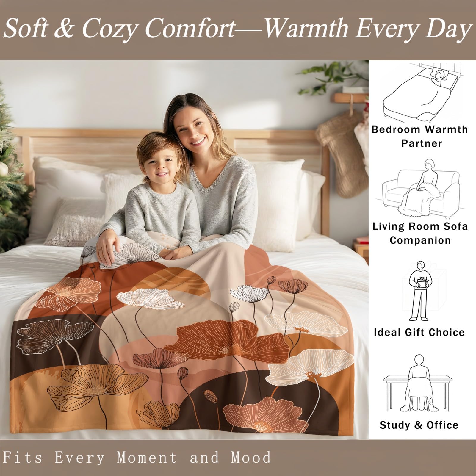 Koc polarowy z nadrukiem kwiatowym na kanapę 220 x 240 cm | Koc pluszowy i przytulny koc narzuta – dekoracyjny boho kwiat liść narzuty koce na sofy krzesła łóżka