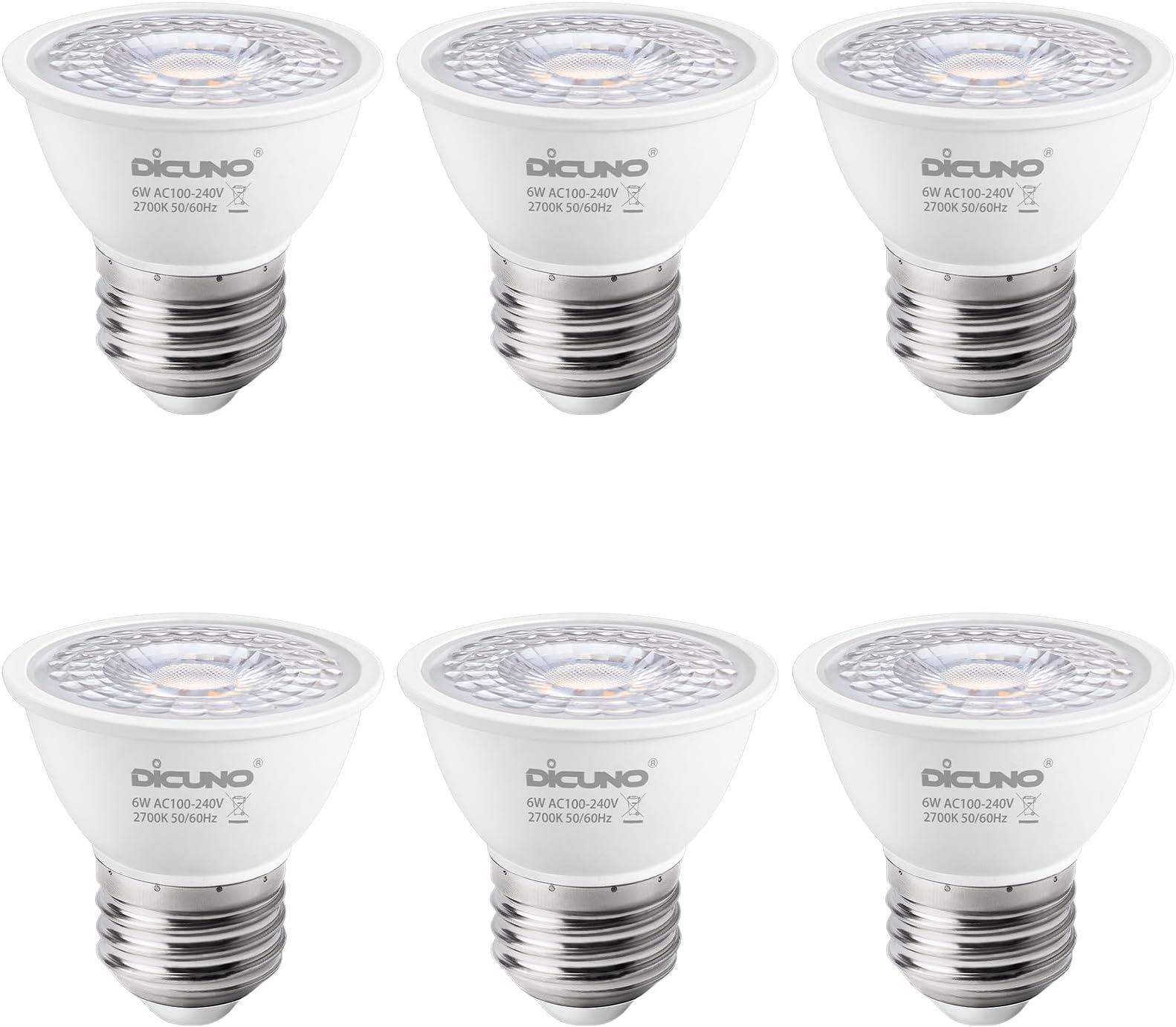 DiCUNO E27 LED Bulb 6 W, Warm White 2700 K, MR16 LED Headlight, 500 LM in 60° Beam Angle, Replaces 50 W Halogen Spotlight, PAR16 Short LED Spotlight, 90Ra, No Flickering, Not Dimmable, 230 V, Set of 6