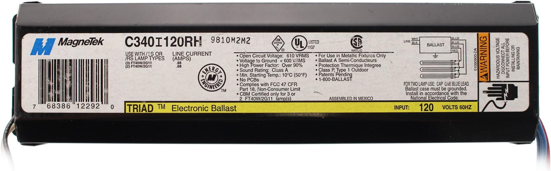 Magnetek C340I120RH Compact Fluorescent Ballast, 3-Lamp, FT40W 40W CFL, 120V