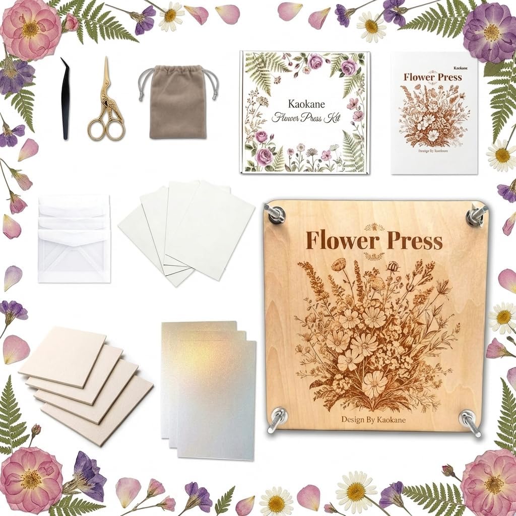 Kaokane Flower Press Kit, 9x9 inch Wooden Plant Press with Professional Drying Boards & Golden Crane Garden Snips, Large Herbarium Pressing Kit for Adults, DIY Art, Resin, and Greeting Cards