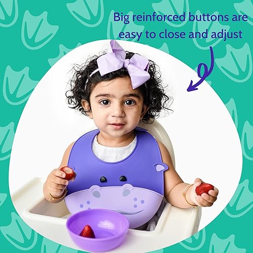 Miniatura 4 de Silly Goose Baberos de silicona para bebés y niños pequeños, impermeables, ajustables, suaves, extra anchos para atrapar alimentos (hipopótamo) 1pk