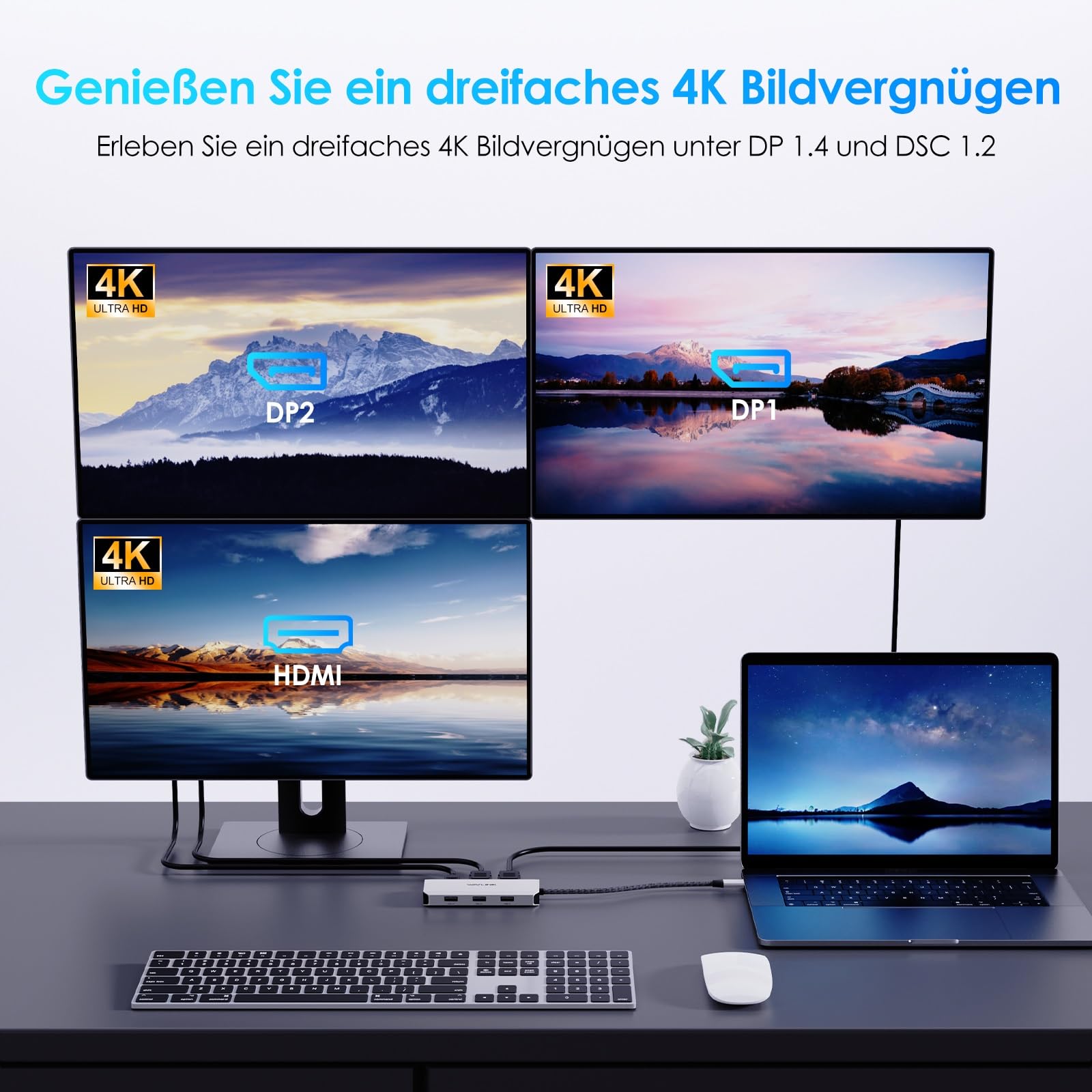 WAVLINK Laptop Docking station, Quad-Monitor-Dockingstation mit Dual DP, HDMI, VGA, 100W PD IN, 3 USB-A2.0 für kabellose Geräte, kompatibel mit Dell/HP/Lenovo usw., nur für Computer mit Windows-System