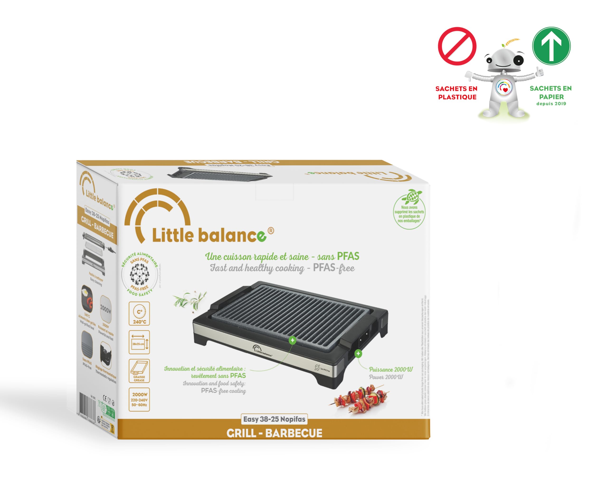 LITTLE BALANCE 8863 Easy Nopifas, Barbecue électrique 4-6 personnes, Plaque sans PFAS, Antiadhésif, Tout type d'aliments, 2000 W, Noir