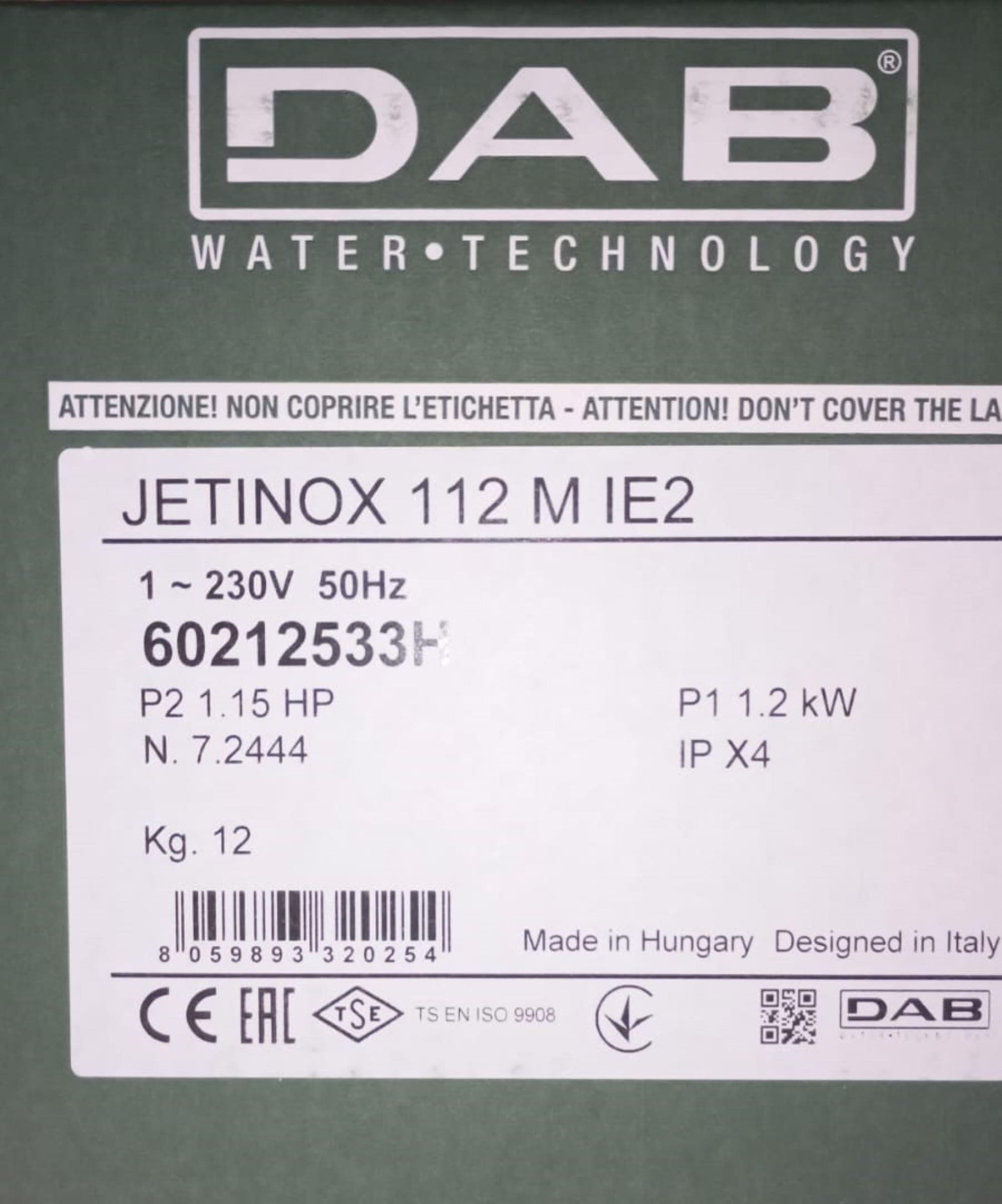 DAB JETINOX 112 M 1,15 HP Einphasige selbstansaugende Zentrifugalpumpe, Wasserverwendung, Wohnung, Landwirtschaft, Garten, Industrie