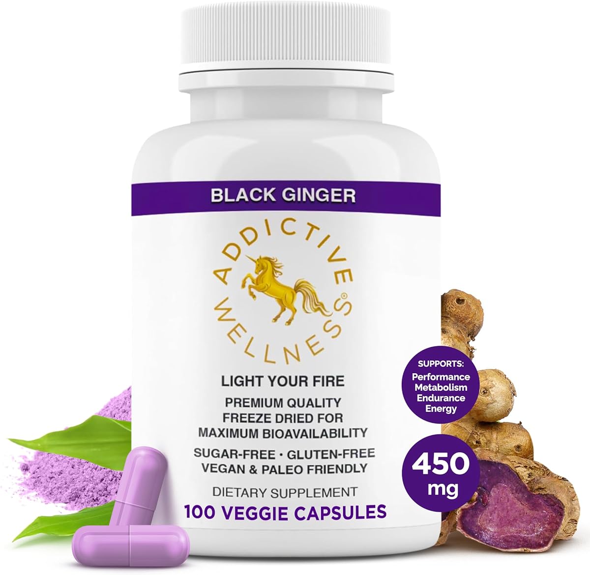 Addictive Wellness Black Ginger Capsules 450mg, Kaempferia Parviflora Supplement to Support Energy, Metabolism, Endurance & Performance, Thai Black Ginger for Men, Vegan & Paleo, 100 Count