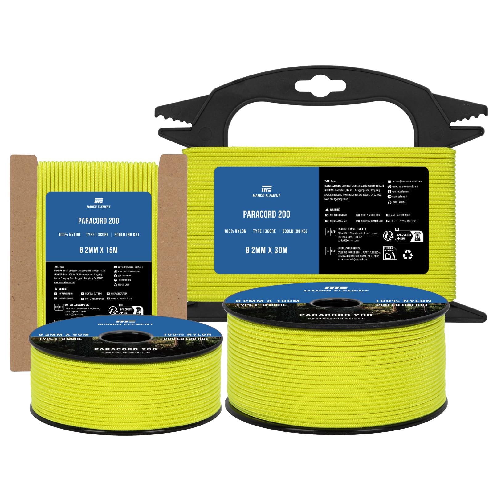 Manco Element Paracord 2mm 30m 3 Strands Type I Neon Yellow | 100% Nylon Parachute Cord Rope | 90KG Load Capacity - Ideal for DIY, Crafting, Outdoor, Camping