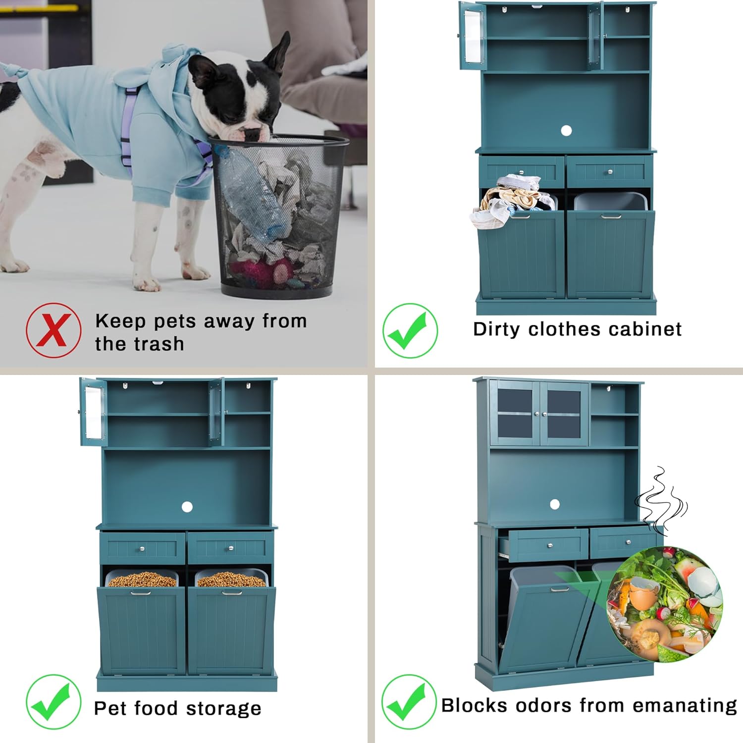 Double Tilt Out Trash Cabinet Storage Cabinet 20 Gallon with Two Solid Wood Hideaway Trash Holder Drawers, Dual Wooden Free Standing Recycling Cabinets Can Bin Kitchen (Teal Blue)