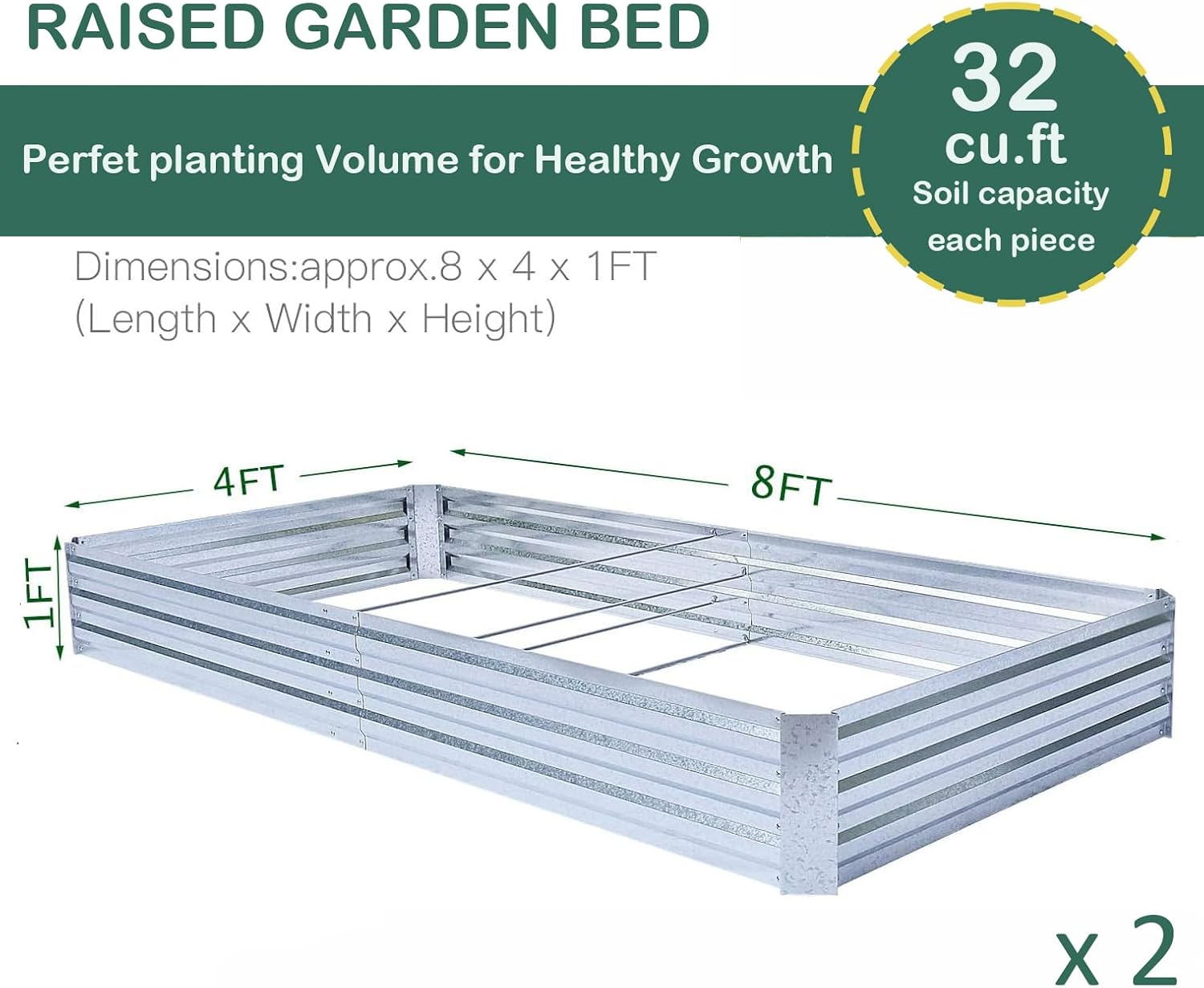 Galvanized Raised Garden Beds for Vegetables Large Metal Planter Box Steel Kit Flower Herb (8 x 4 x 1 ft * 2 Pack, Galvanized)