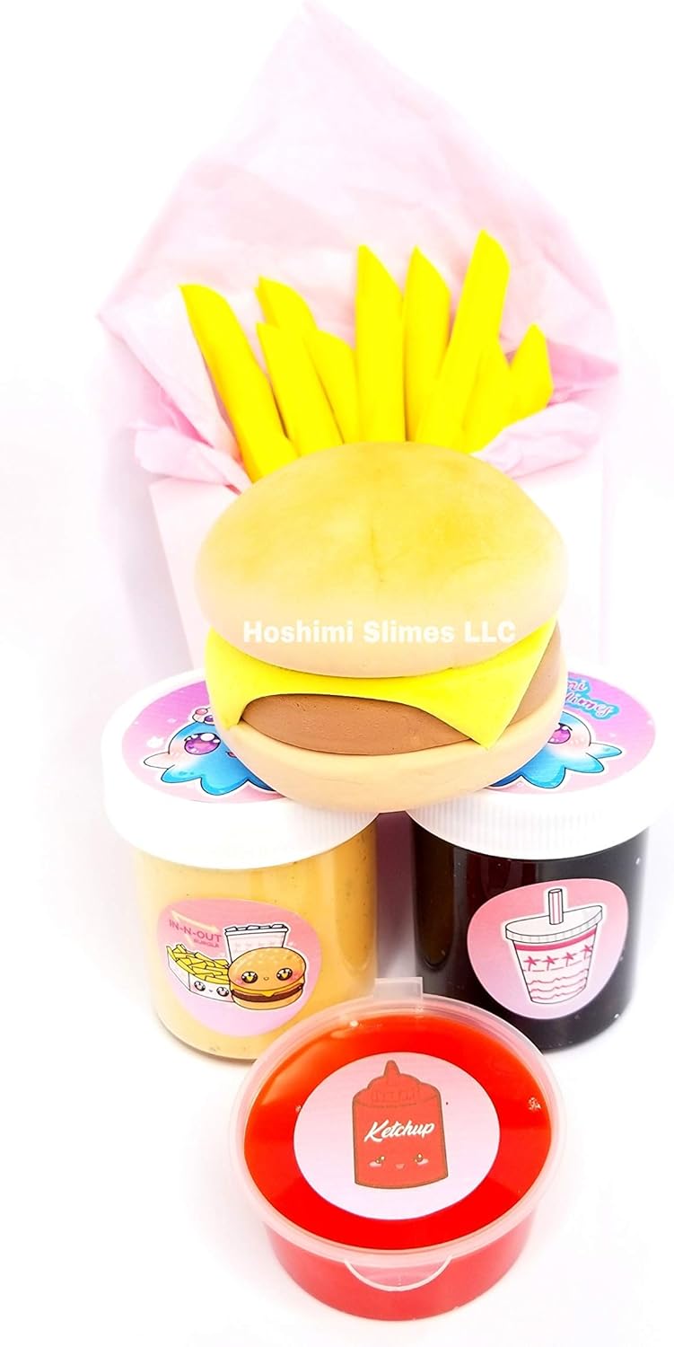 Hamburger & Fries DIY Scented Slime Kit for Kids Ages 8+ – Fast Food Takeout Sensory Toy with Clay Burger, Ketchup Slime & Cherry Cola Slime – Hoshimi Slimes
