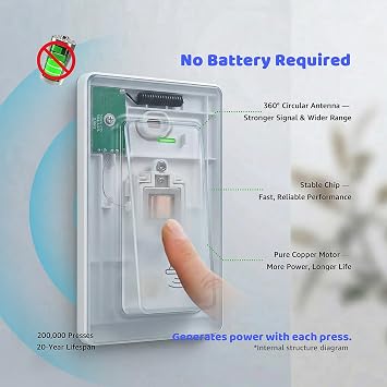 Wireless Doorbell Kit, 1 Self-Powered Rectangular Push Button & 1 Plug-in Doorbell Chime Receiver, No Battery Required, No Wi-Fi, 38 Chimes, 4 Volume Levels for Home Apartment Classroom