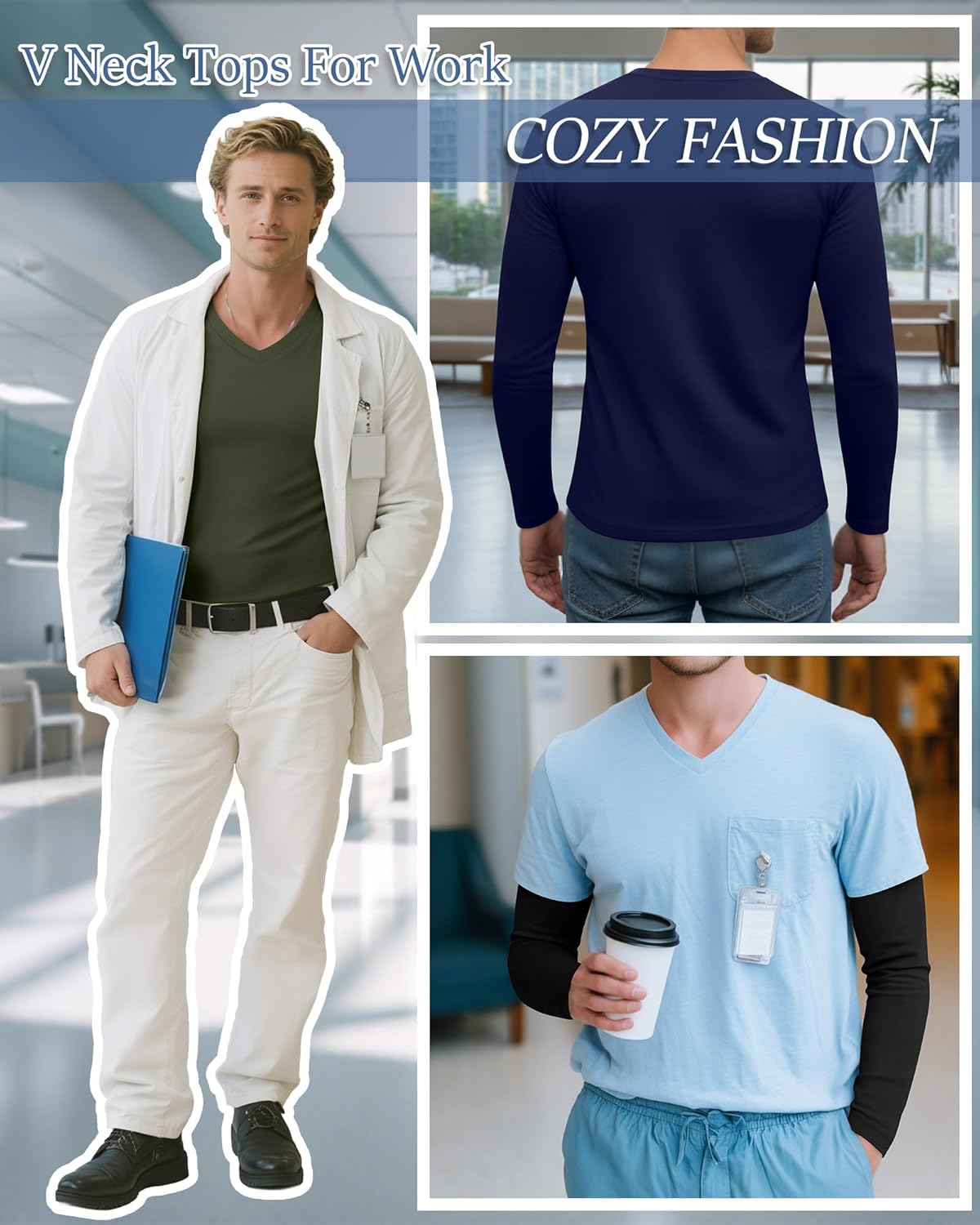 3 Pack Men's Long Sleeve Underscrub Nurse V Neck Scrub Undershirts Fitted Base Layer Tees for Medical Uniforms - Image 4