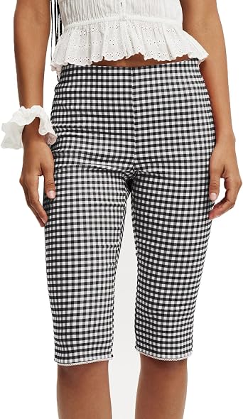 Women Gingham Capri Leggings Half Knee Length Tights Summer Pants Slim Fitted Mid Rise Casual Trousers