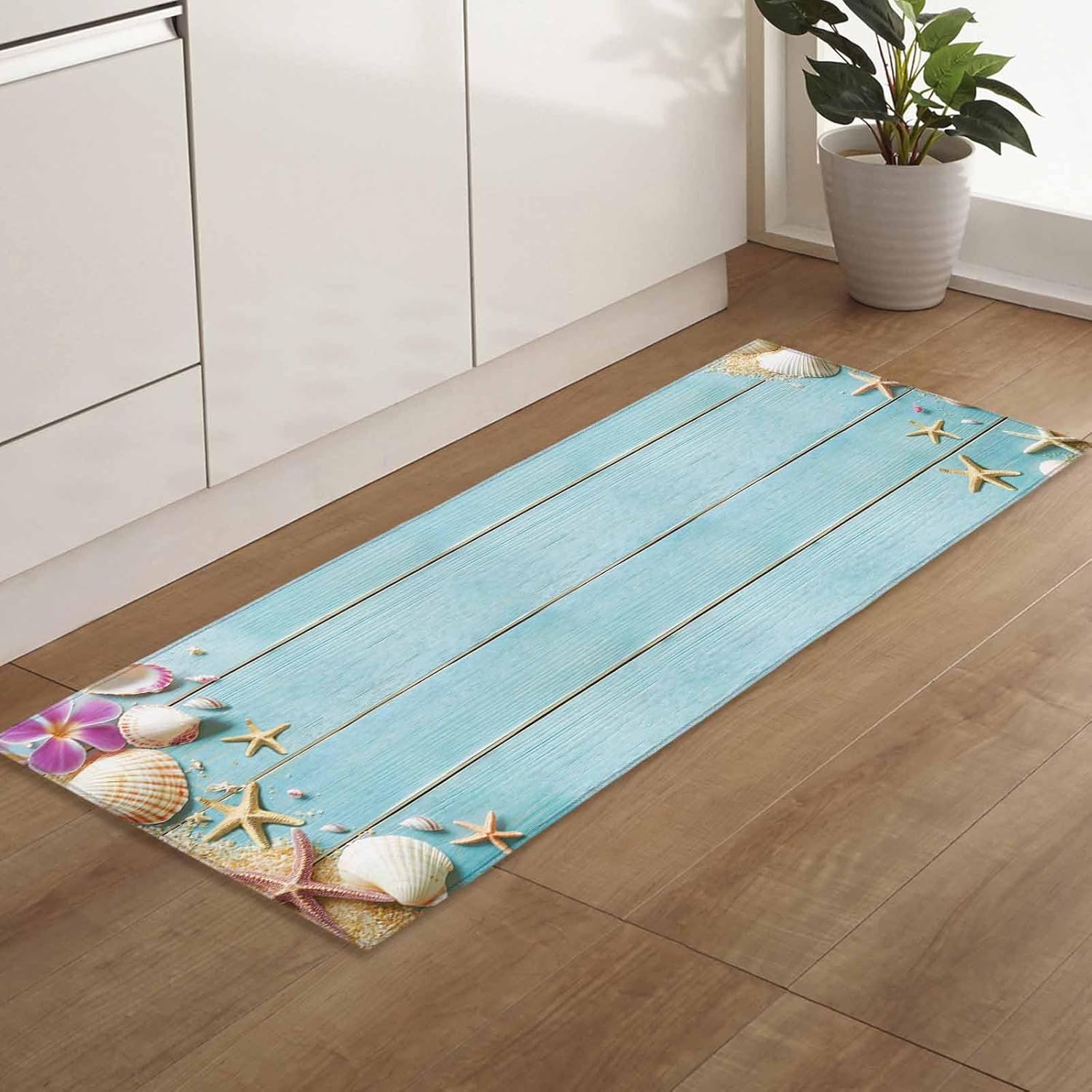2 Pieces Kitchen Rugs and Mats,Summer Beach Seashell Starfish Area Runner Rug Set Non Slip Floor Doormat Washable Carpet Standing Mat for Kitchen Sink Indoor Corridor,Ocean Blue Wooden Barn Flower