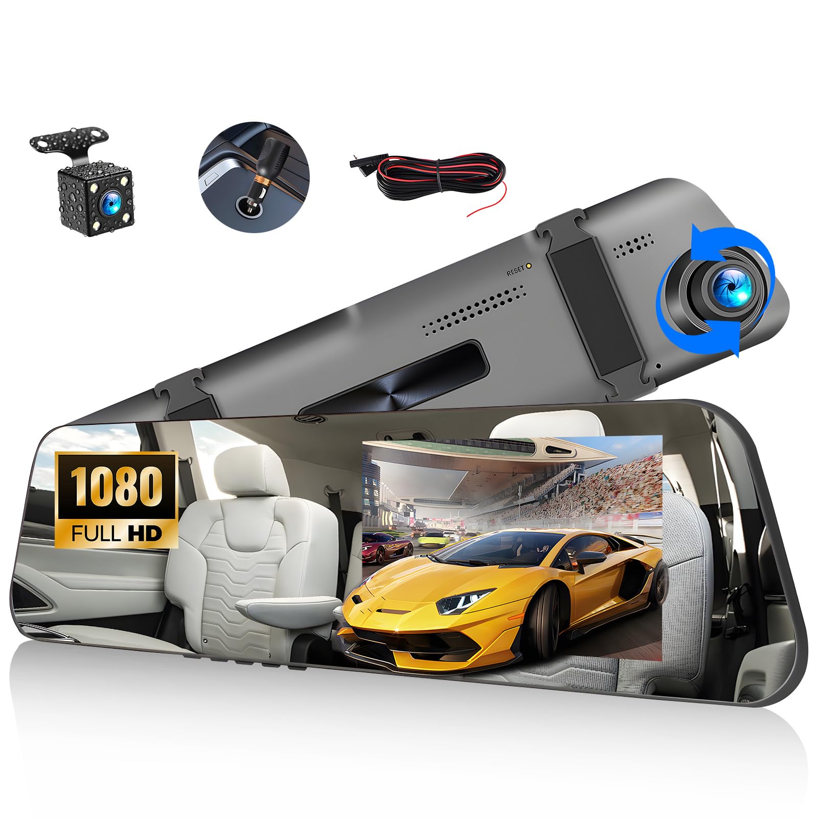 CAMECHO Spiegel Dashcam mit Rückfahrkamera 4.5'' Bildschirm Full HD 1080P, Dual Dash Cam Spiegel Auto Vorne und Hinten,Super Nachtsicht mit DVR Loop-Aufnahme