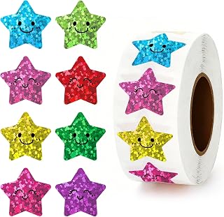 1000Pcs Smiley Face Star Stickers for Kids Reward, 1 inch 8 Colored Glitter Sparkly Reward Stickers, Foil Decals for School Classroom Teacher Classroom Supplies and Student Planners
