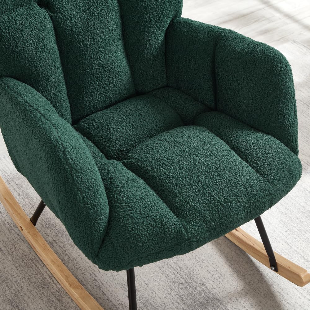 Tufted Upholstered Teddy Fabric Rocking Chair with Metal Frame Accent Chair Ivory White (Green + Teddy)