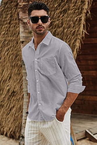 Miniatura 3 de JMIERR Camisa de vestir de manga larga con botones y lino de algodón para hombre