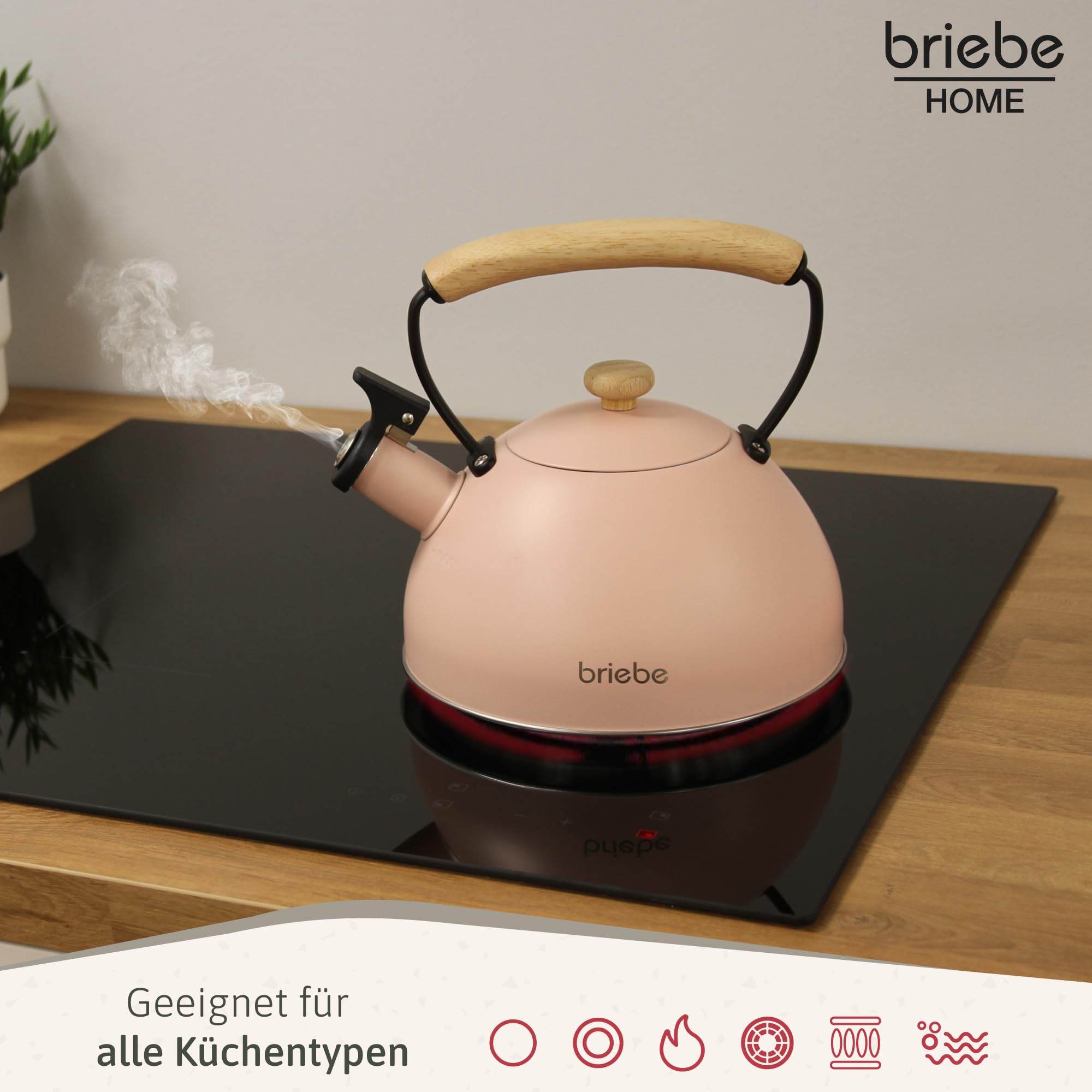 briebe Retro Wasserkessel Induktion 2,3L, Flötenkessel, Edelstahl Teekessel Vintage Design, Alle Herdarten, GlasKeramikherd, Gas, Elektroherd, Holzgriff Cool-Touch, für Tee Kaffee, Tea pot, Rosa