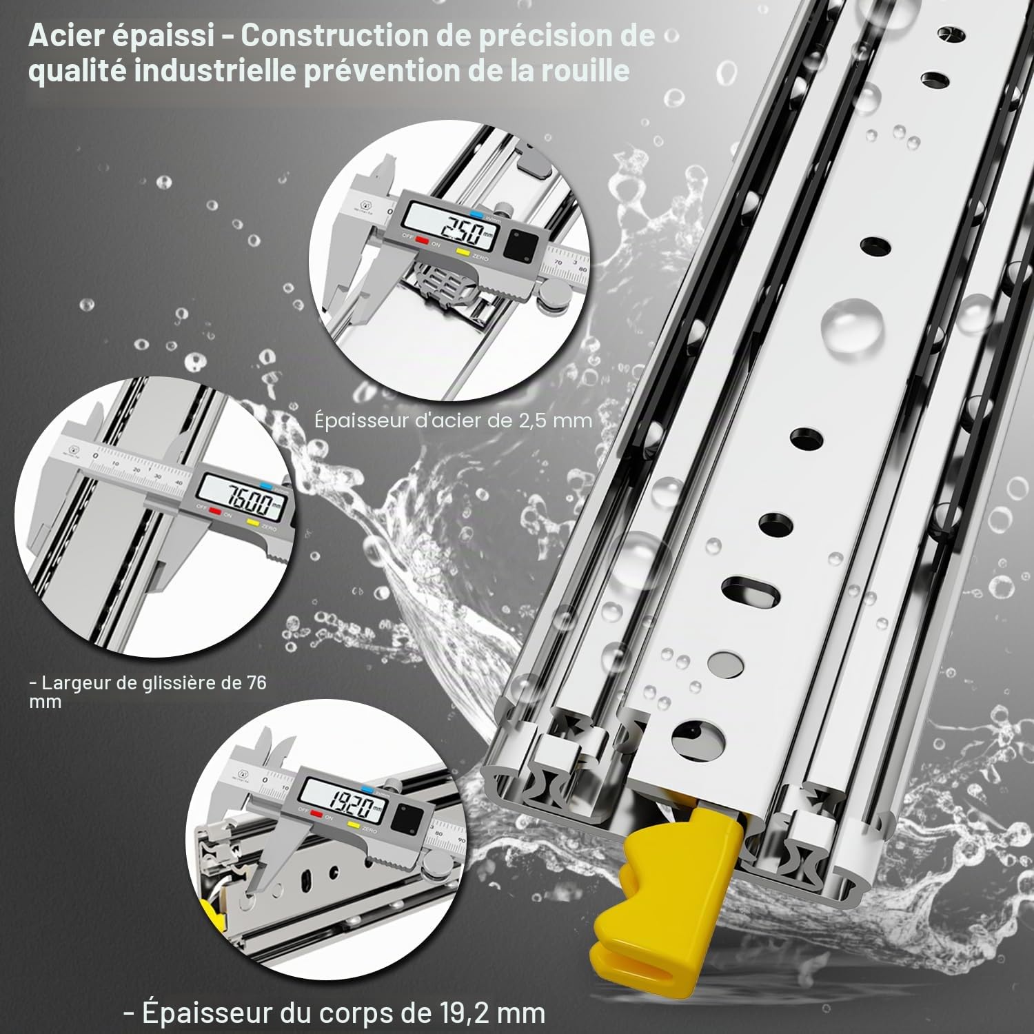 VADANIA Glissières de tiroir robustes de qualité industrielle de 1300 mm avec serrure #D76, élargissement de 76 mm, capacité de charge jusqu'à 148 kg, montage latéral, 1 paire