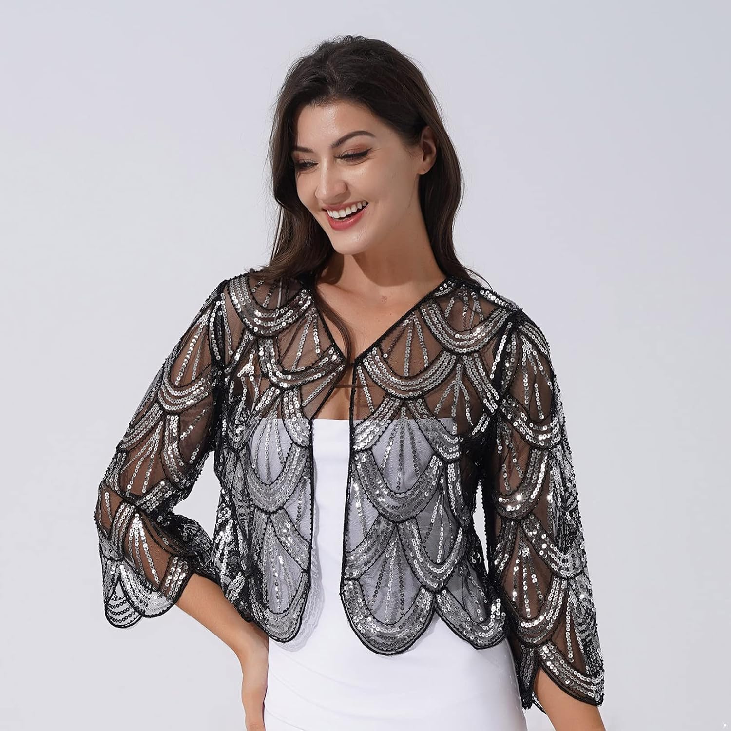 Choomomo Womens Hollow Lace Shrug Bolero Long Sleeve Sequin Cardigan Tops Dress Cover Up