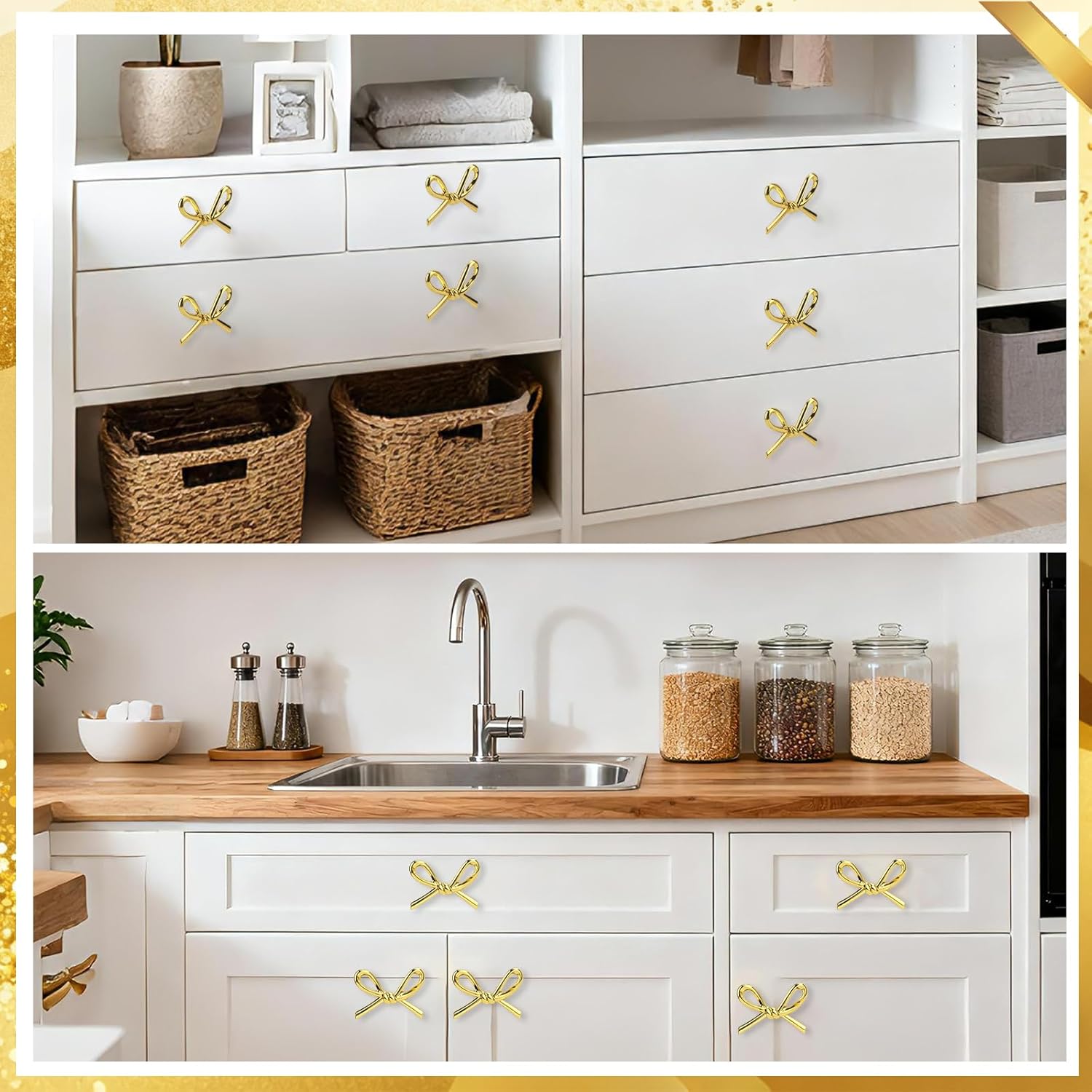 4 Set Gold Bow Dresser Knobs Cute Drawer Knobs Gold Decor Drawer Zinc Alloy Brushed Brass Hardware Handles Pulls Vintage Cupboard Drawer Knob for Kitchen Cabinets Home Bedroom (4, Gold)