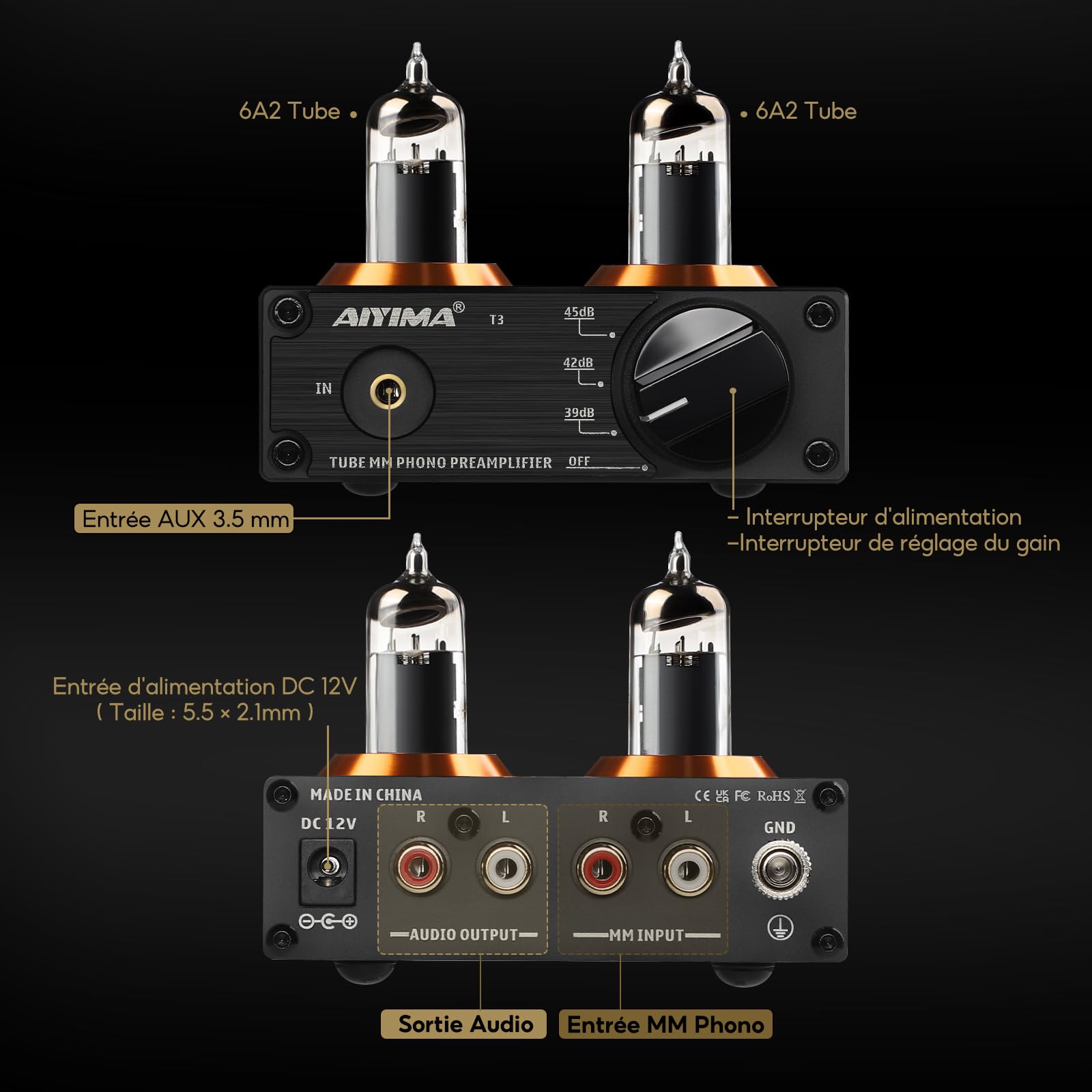AIYIMA T3 Tube MM préamplificateur Phono préampli HiFi avec gain préampli Audio stéréo pour platine vinyle phono Audiophile/tourne-disque