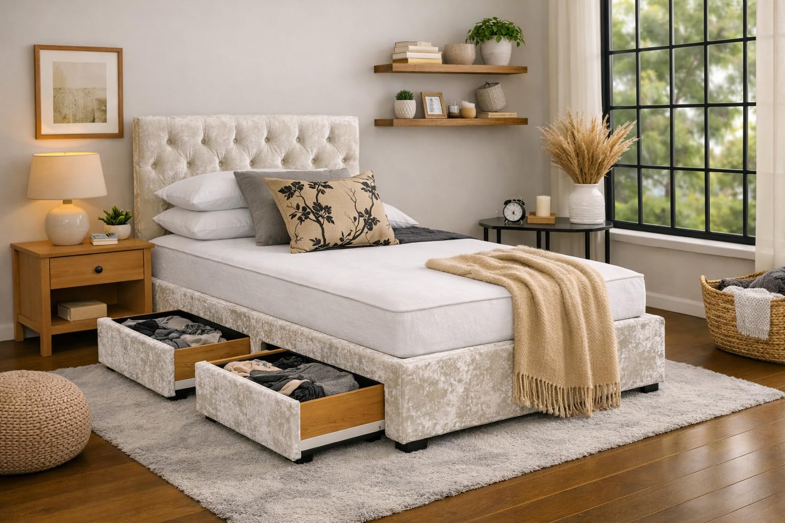 Divan Bed with Mattress | Single 3FT | Choice of Colours | 2 Storage Drawers | Toronto Headboard | Bed Frame with Mattress Included (Cream Crushed Velvet)